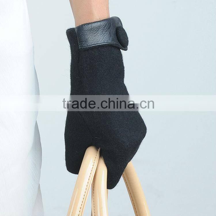 womens unlined classical button woolen gloves with leather cuff