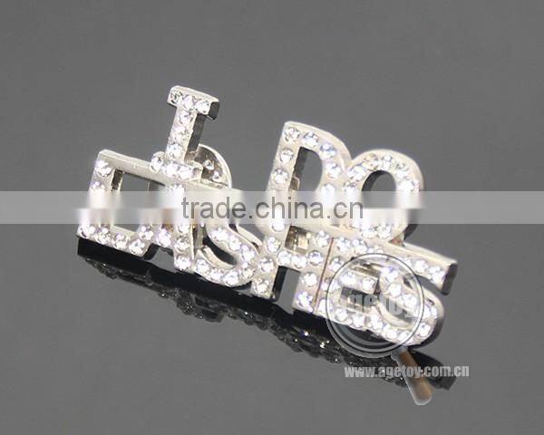 Rhinestones Souvenir Brooch Zinc Alloy Silver Color Crystal Badge Metal Custom Letter Lapel Pin
