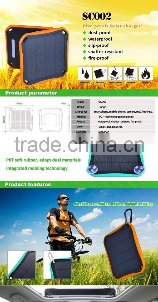 Waterproof Fireproof led light 5600mAh Dual USB Ports external backup battery charger Solar Power Bank for mobile phone tablet