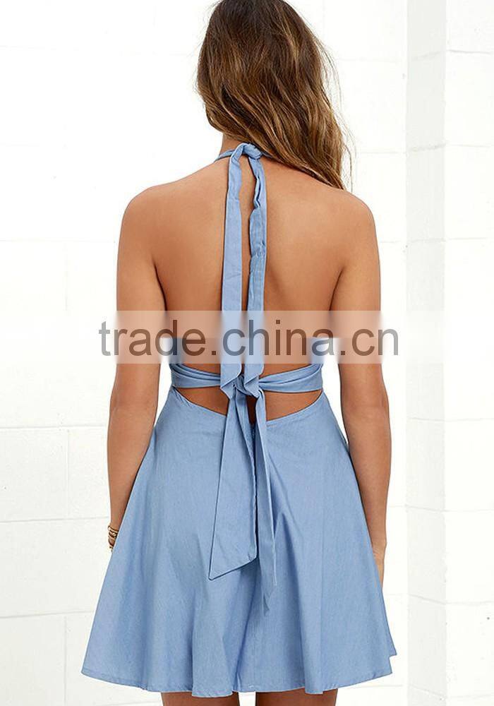 Ladies design dresses with picture backless halter new fashion ladies dress
