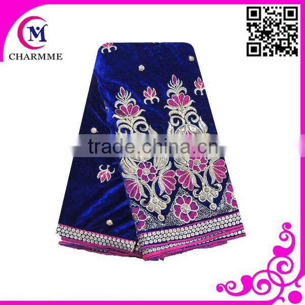 2015 newest royal blue/pink velvet embroidered CCL-000E heavy velvet fabric with fashion design
