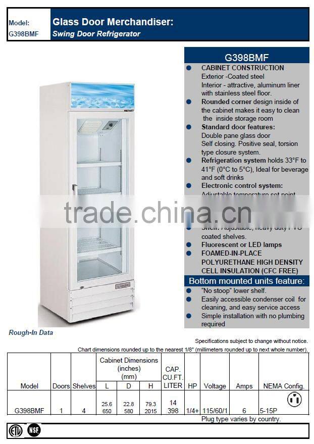 Single Glass Door Merchandiser, beverage cooler,vertical showcase Display_G398BMF