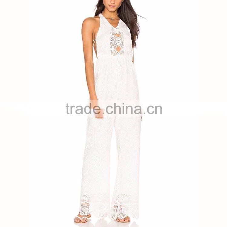 Garment factory lady long romper cut out backless halter white lace jumpsuits