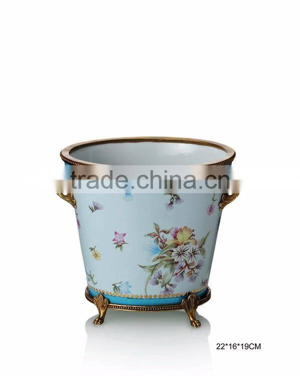Floral Painting Multilayer Porcelain Fruit Bowl With Bronze Angel Support, Blue & White Porcelain With Brass Compote