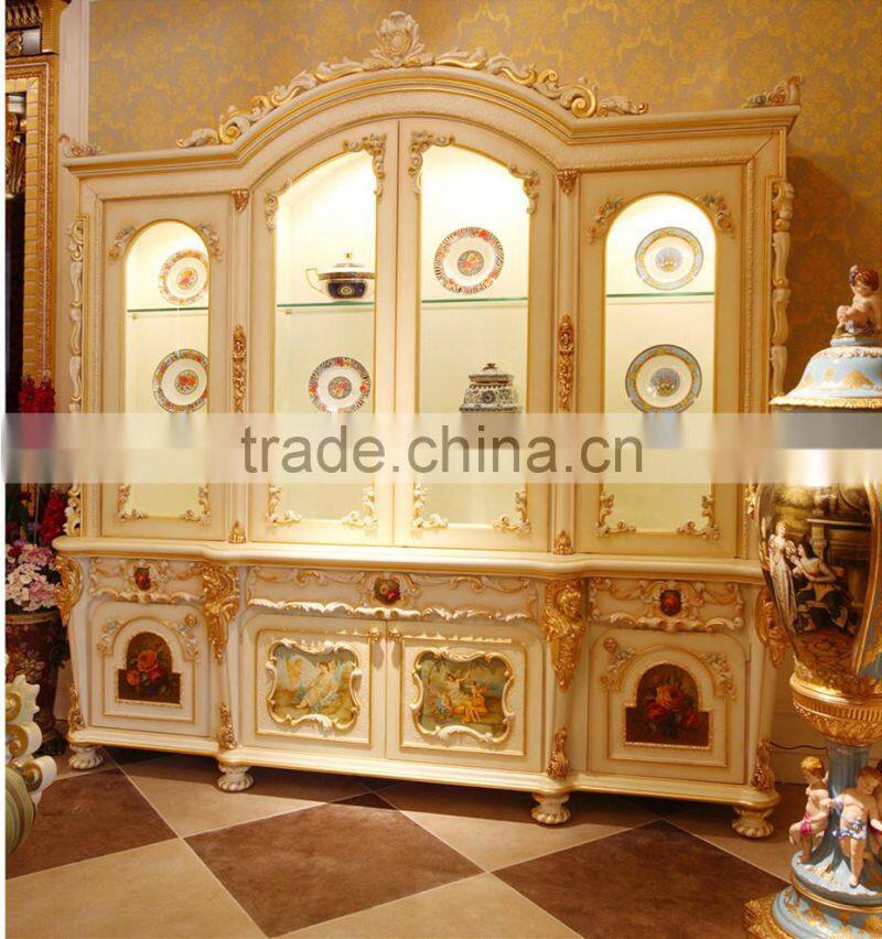 Luxury French Rococo Style White Four Door Glass Display Cabinet/ Gorgeous Home Decorative Cupboard Showcase/ Classic Sideboard