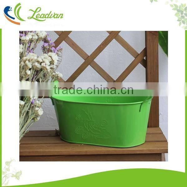Green bowl shaped embossed metal garden flower pots and planters