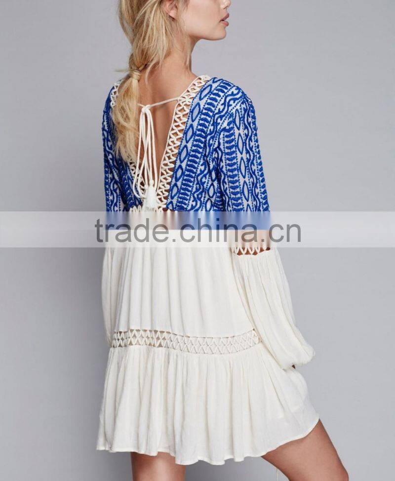 Sexy Boho Machine Embroidery Deep V-neckline Long Sleeve Rayon Mini Dress Designs Names Of Ladies Dresses 2016 HSD5779