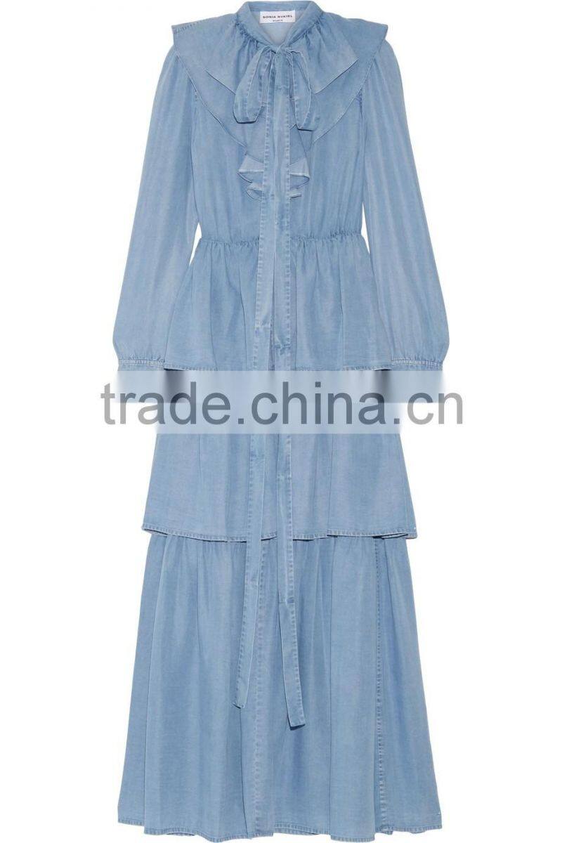 Latest Ruffled Tiered Tencel-chambray Long Sleeve Maxi Dress Names Of Ladies Drsses Designs Photos 2016 HSD5675