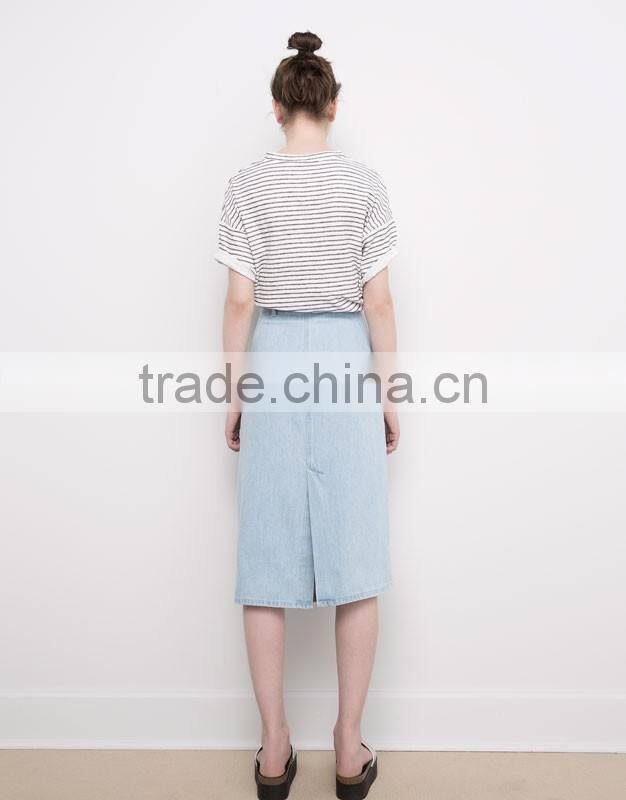 Open slit ladies long bleach wash midi long soft denim skirts