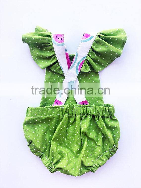 Newborn Baby Girls Watercolor Watermelon Baby Girl Summer Romper Criss Cross Back with Green Dots Flutter Sleeves Bubble