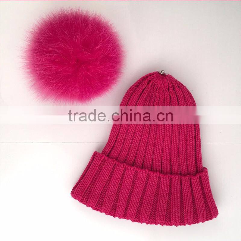 Myfur Hot Pink Rose Winter Wool Knit Hat with Fox Fur Pompom Attached