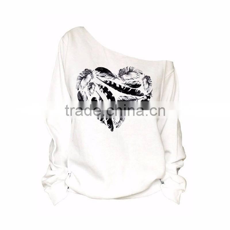 Cheap Ladies Street Wear White Asymmetrical Neck Sweatshirt with Pattern