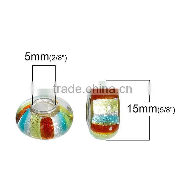 Round Silver Plated Core Stripe Multicolor Transparent Lampwork Glass European Style Large Hole Charm Beads