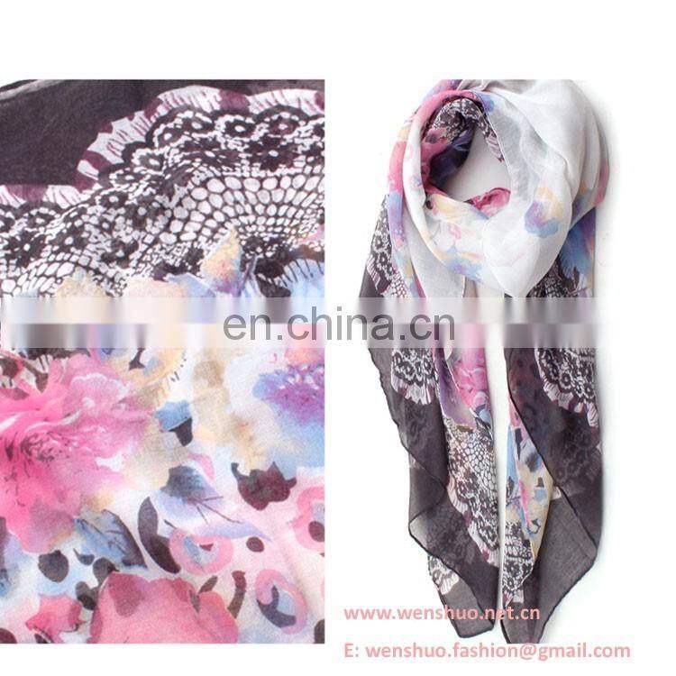 Colorful Lace Flower Printed 100% Cotton Women's Voile Scarf