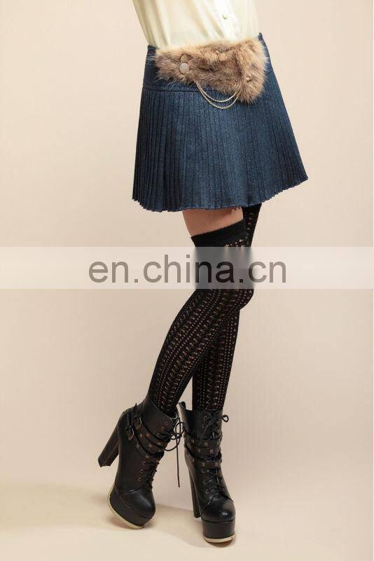 2013 ladies rabit fur chain ornament pleated mini A-line skirt
