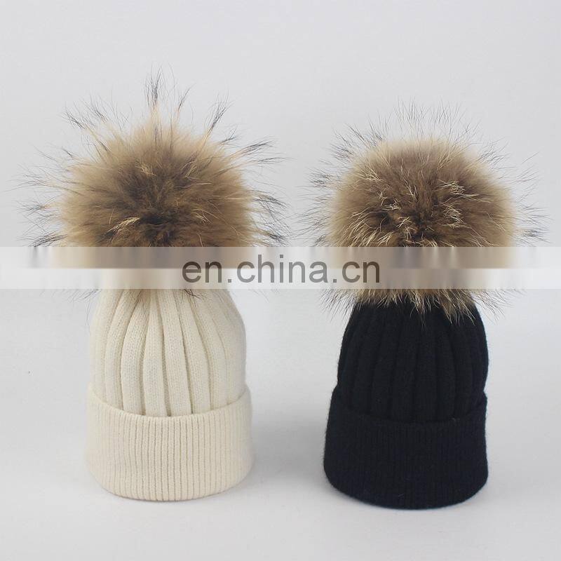 Top Quality Big Fur Pom Pom Kids Hats Raccoon Fur Balls Baby Knitted Hat