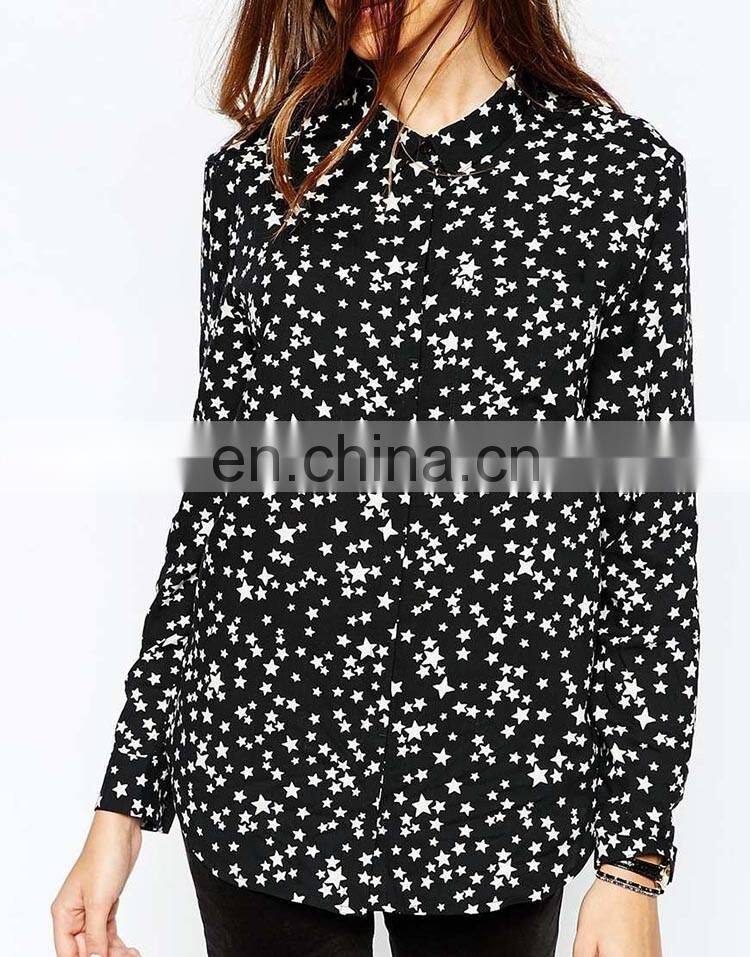 Chinese 100% viscose printed fabric christmas star print cheap long sleeve shirts