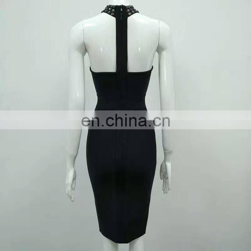 Amigo 2017 latest black halter backless beaded sexy bandagedress midi evening dresses for women party wear