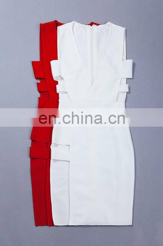 Amigo 2017 fashion white sleeveless deep V neck low-cut hollowout bandage dress elegant formal dresses for goddess