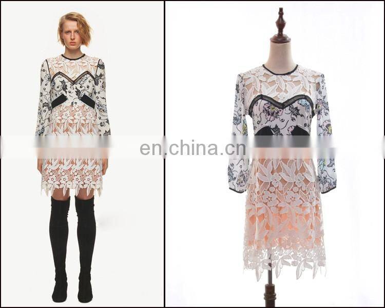 Latest Fashion Clothes Women Long Sleeve Round Neck Elegant Slim Floral Lace Prom Dress