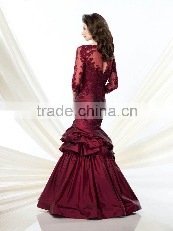Elegant Long Sleeve Burgundy Taffeta Evening Dress For Mother Of The Bride