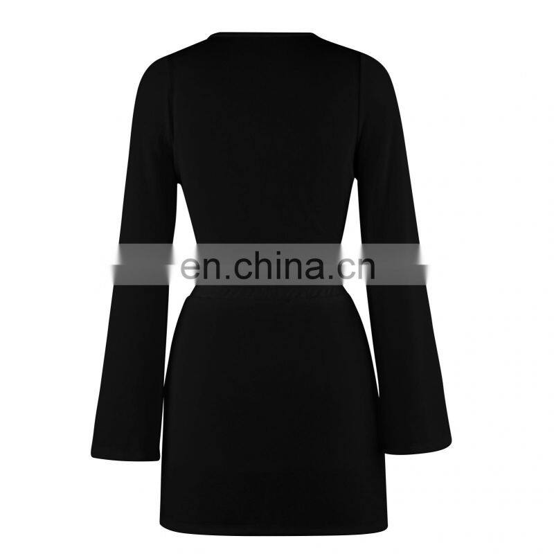 2021 Cross-border New Product Pure Color Women's Fashion Twisted Long Sleeve V-neck Sexy Top Drawstring Short Skirt Autumn Set