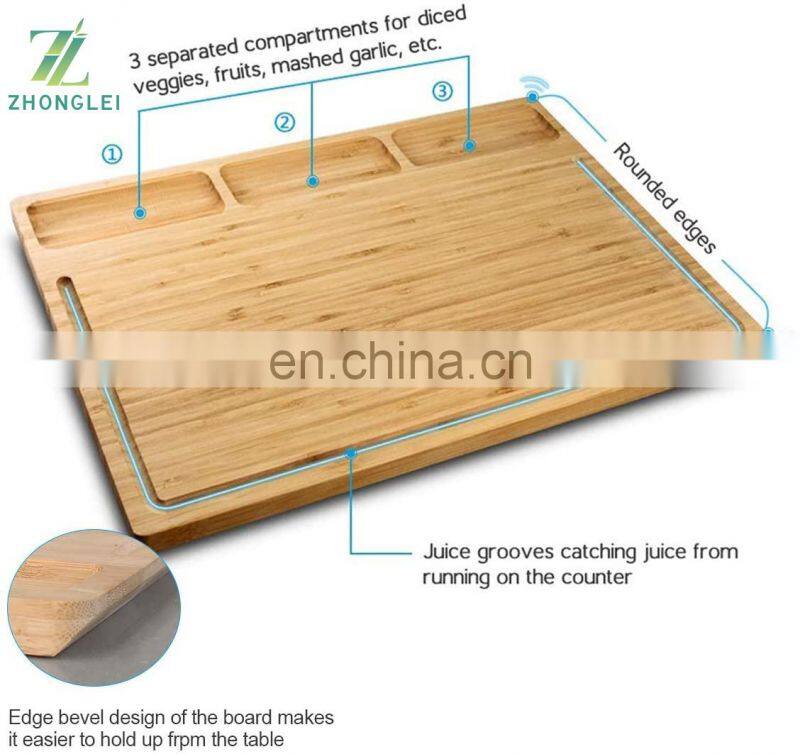 Organic Bamboo Cutting Board, with 3 Built-in Compartments and Juice Grooves, Chopping Board for Meats Bread Fruits