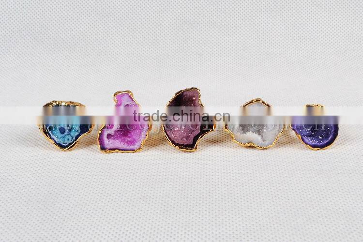 Fashion Vintage Antique Ajustable Golden Plated Druzy Geode Agate Statement Wide Ring