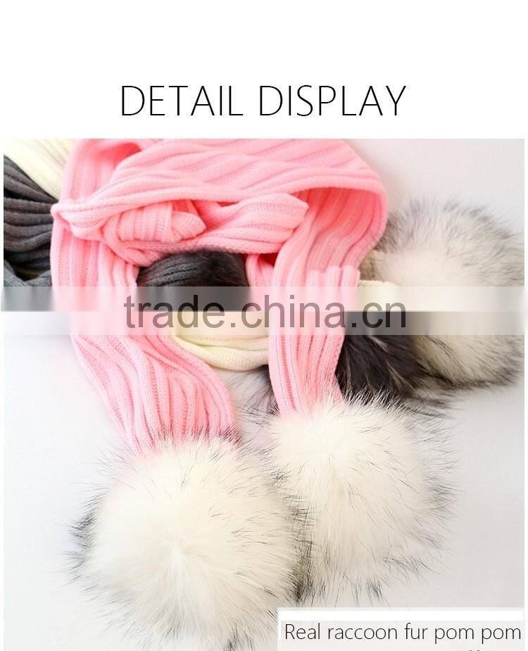 RRSC001D Genuine raccoon fur pompom scarf New winter thick White acrylic warm striped knitted scarves wool shawl