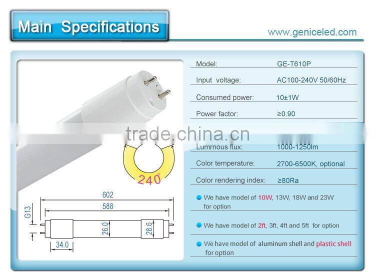 2ft 0.60m tube light 10W 1400lm with 3 years warranty