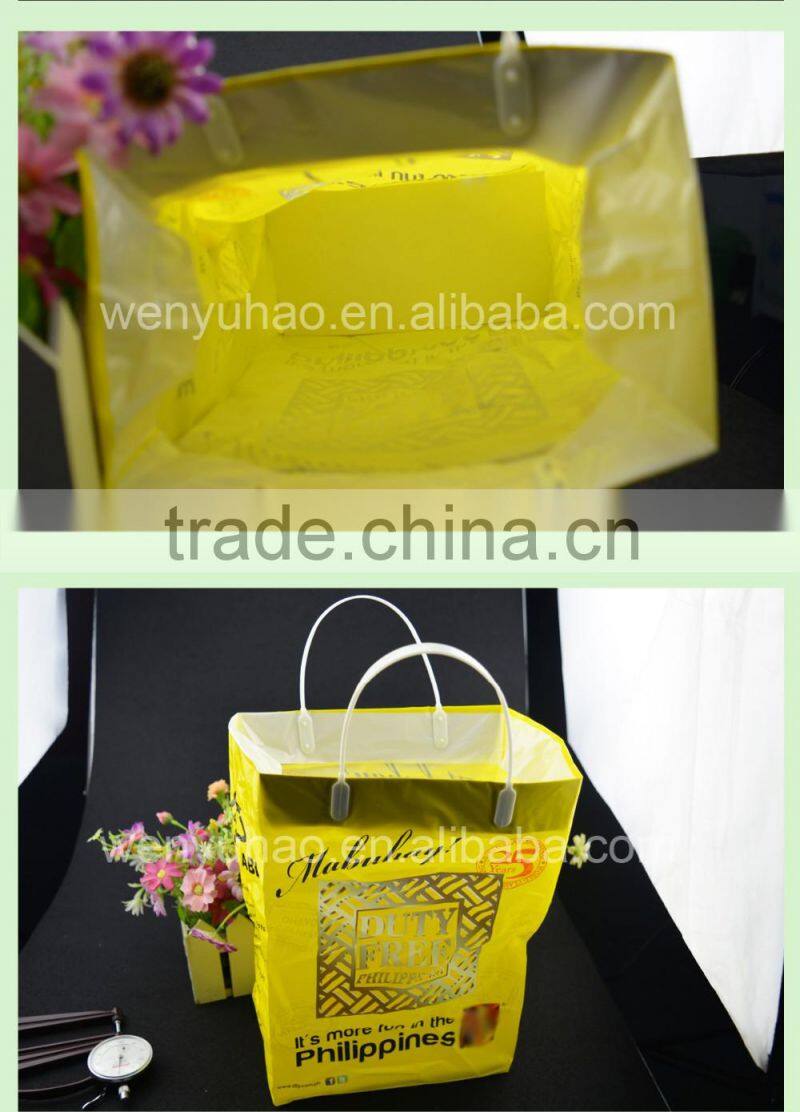 shopping plastic handle bag , yellow printing square bottom side gusset plastic bag with paper card