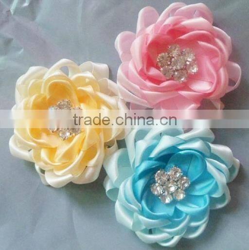 Popular Satin Ribbon Flowers With Rhinestone Center,Handmade Ribbon Hair Flowers
