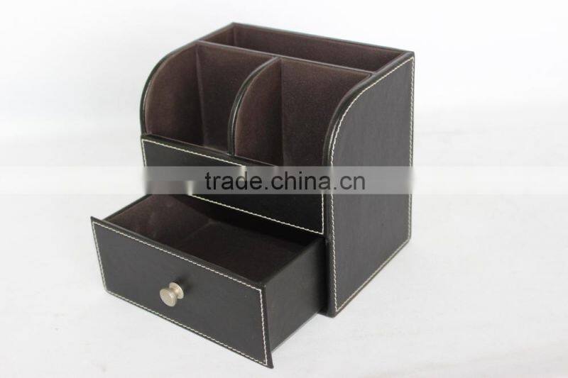Desktop Faux Leather Pen Holder with Drawer/Multifunctional MDF Pen Box