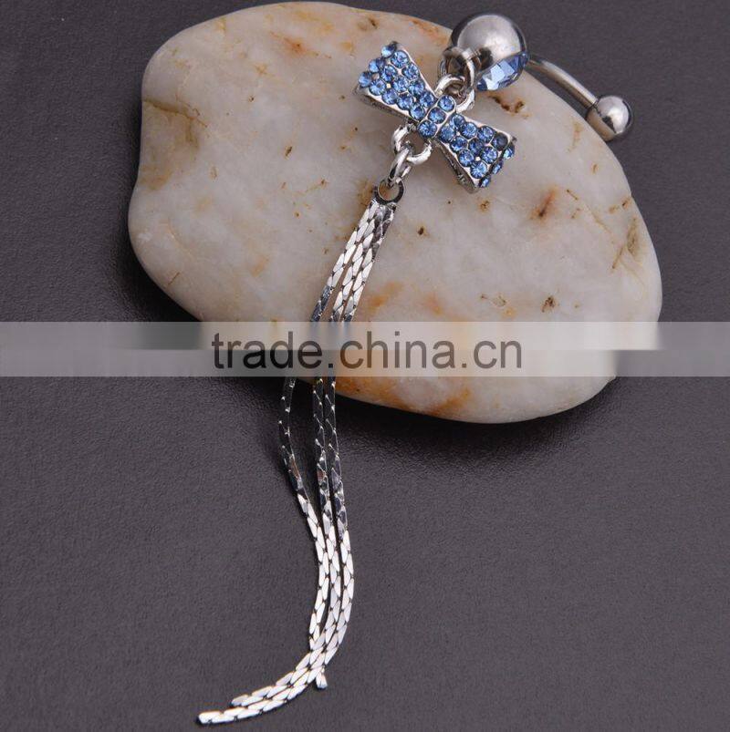 Multi Color Gems Paved Bowknot with Tassel Drop Charms Dangle Belly Button Naval Ring.