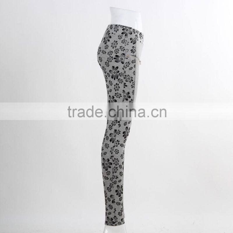F5W31069 Women Flower Print Two Front Zippers Leggings