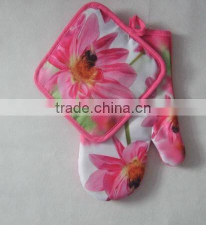 bright green color photo printing polyester (twill) 25g pot holder 55g glove kitchen set