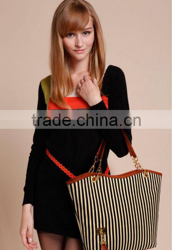 2013 Latest Design Women's Handbag Stripe Canvas Bag Chain Tassel Hangings Handbag Fashion Bag