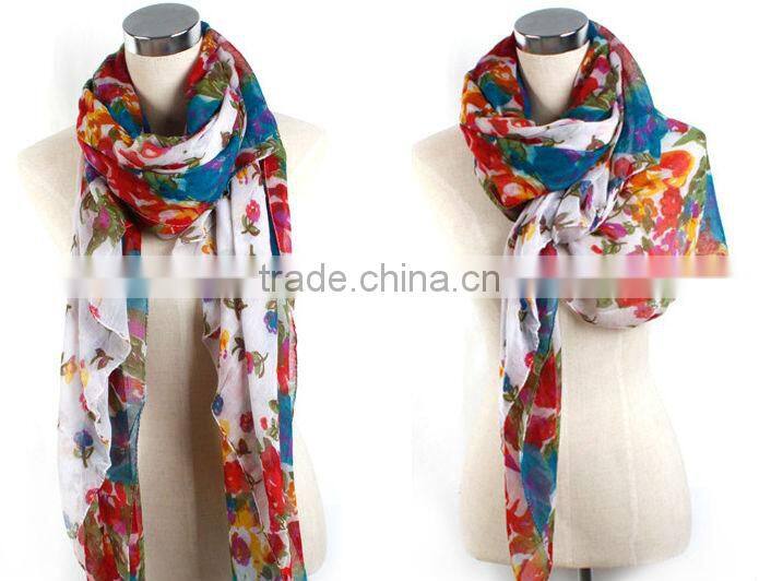 Wholesale Fashion Women Cotton Linen Rural Style Flower Beautiful Long Silk Scarf Shawl