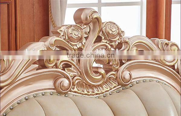 Champagne gold flower carving genuine leather sofa set