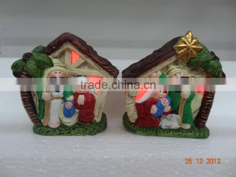 Antique ceramic nativity house scene figurines set with led lights