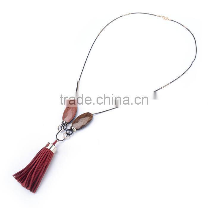 wood bead chain necklace tassel necklace geometric metal beads rings on chain necklace