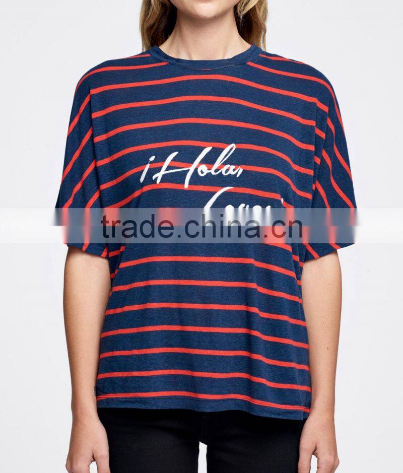 Wholesale ladies tops navy and red stripe short sleeve round neck t shirt summer