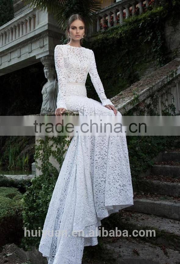 open back long sleeve backless mermaid long tail wedding dress