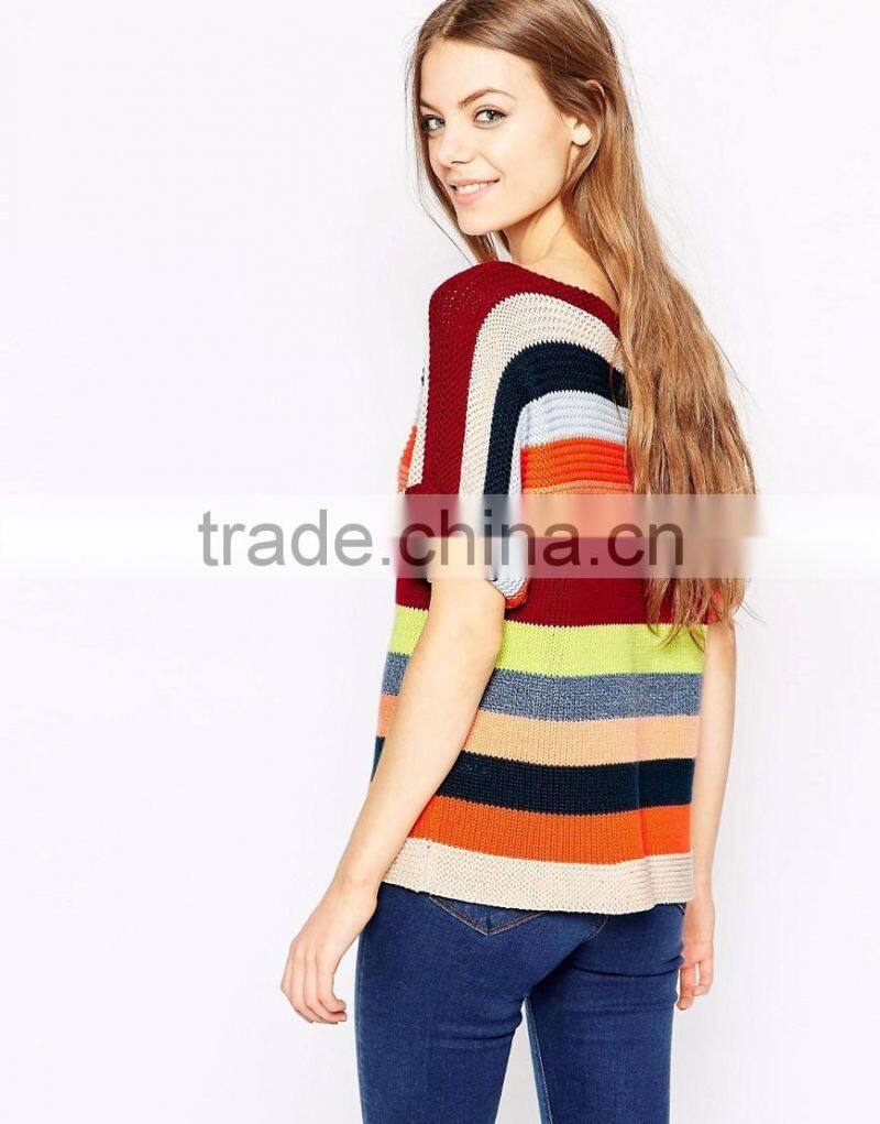Cheap Price Rainbow Multi-color Colorful Sweater Slim Fit Casual Crew Neck Knit Top In Stripe Half Sleeves For Ladies
