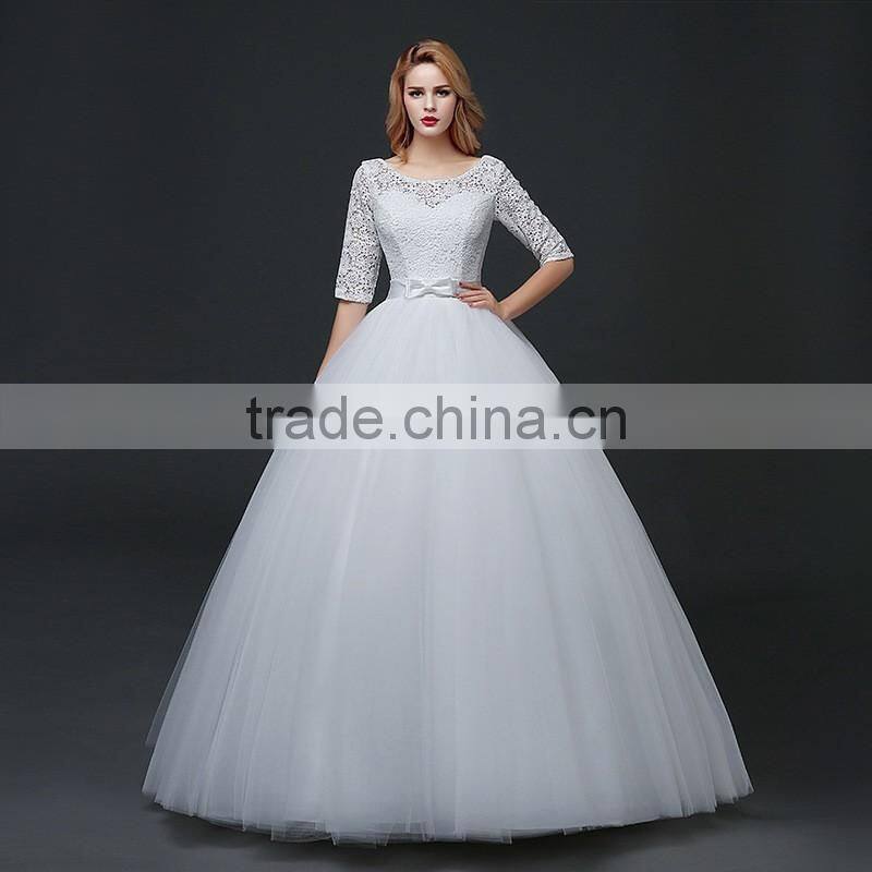 MGOO Custom Made Less 100 USD Tulle Lace Applique Wedding Dress Slash Neck 3/4 Sheer Neck Elegant Handmade