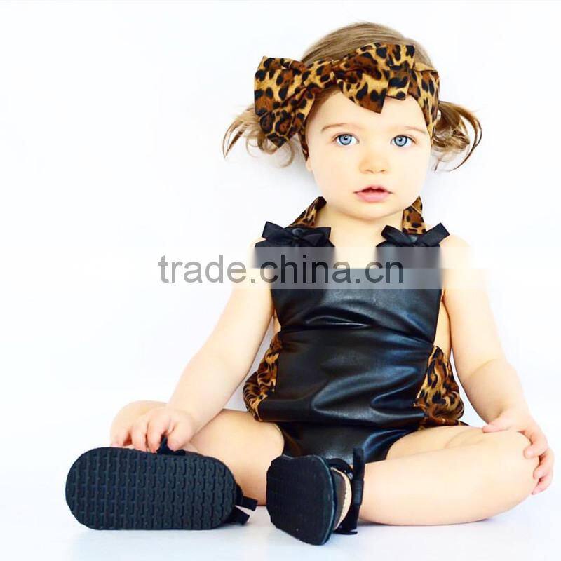 high quality toddler clothing leopard print leather splicing summer baby clothes romper