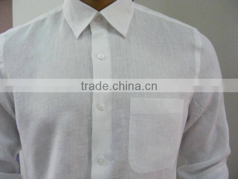 men's white linen shirt with french cuffs and one chest pocket