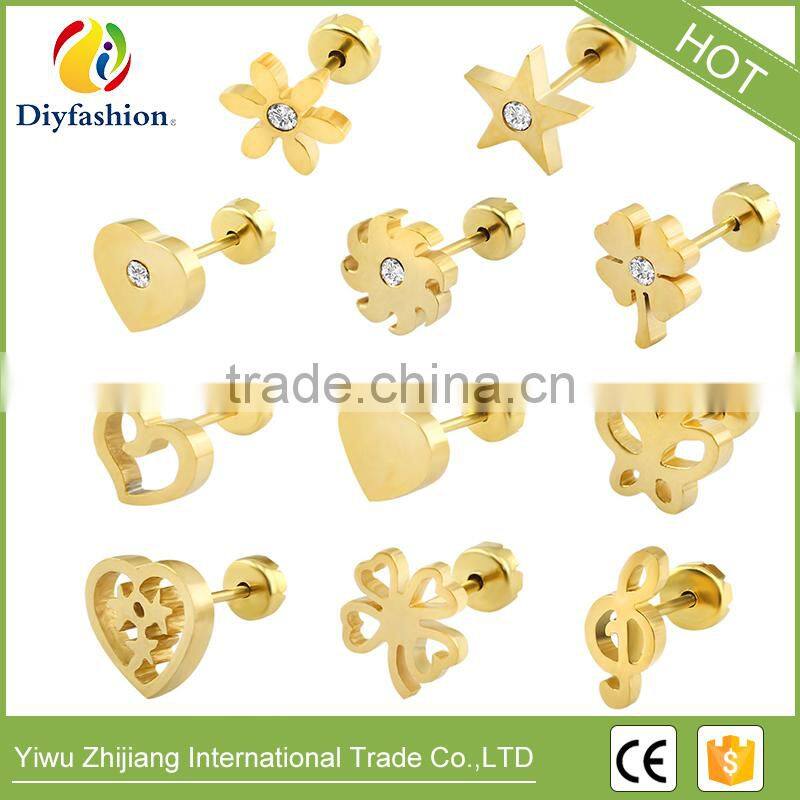 stainless steel gold Geometry Earring Stud Different Shape Flower Star Heart Butterfly and Clover