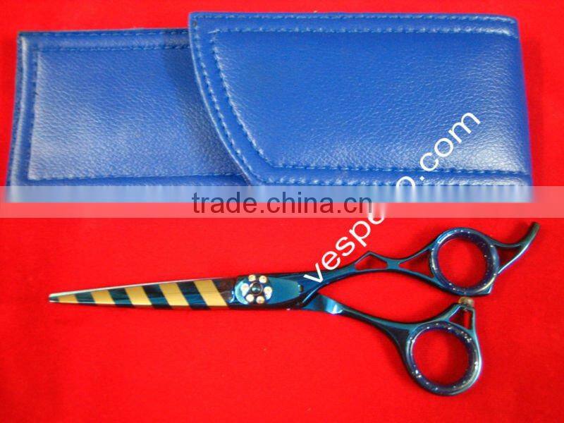 Blue hair cutting scissors with laser stripes and blue pouch