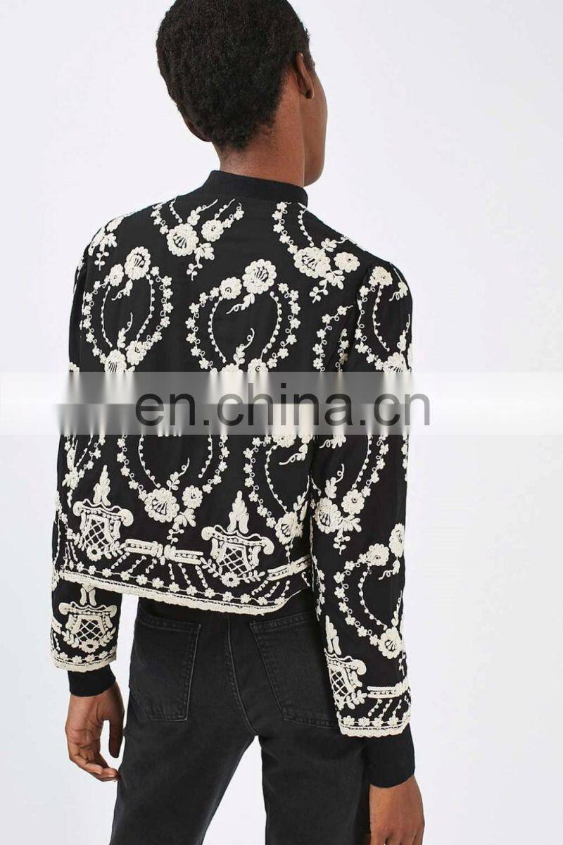 High fashion petite lace embroidered jacket black color ladies blazer designs